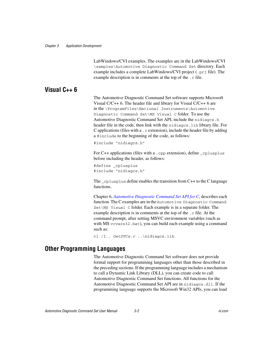 Visual c++ 6, Other programming languages, Visual c++ 6 -2 other programming languages -2 | National Instruments CAN 372139B-01 User Manual | Page 21 / 301