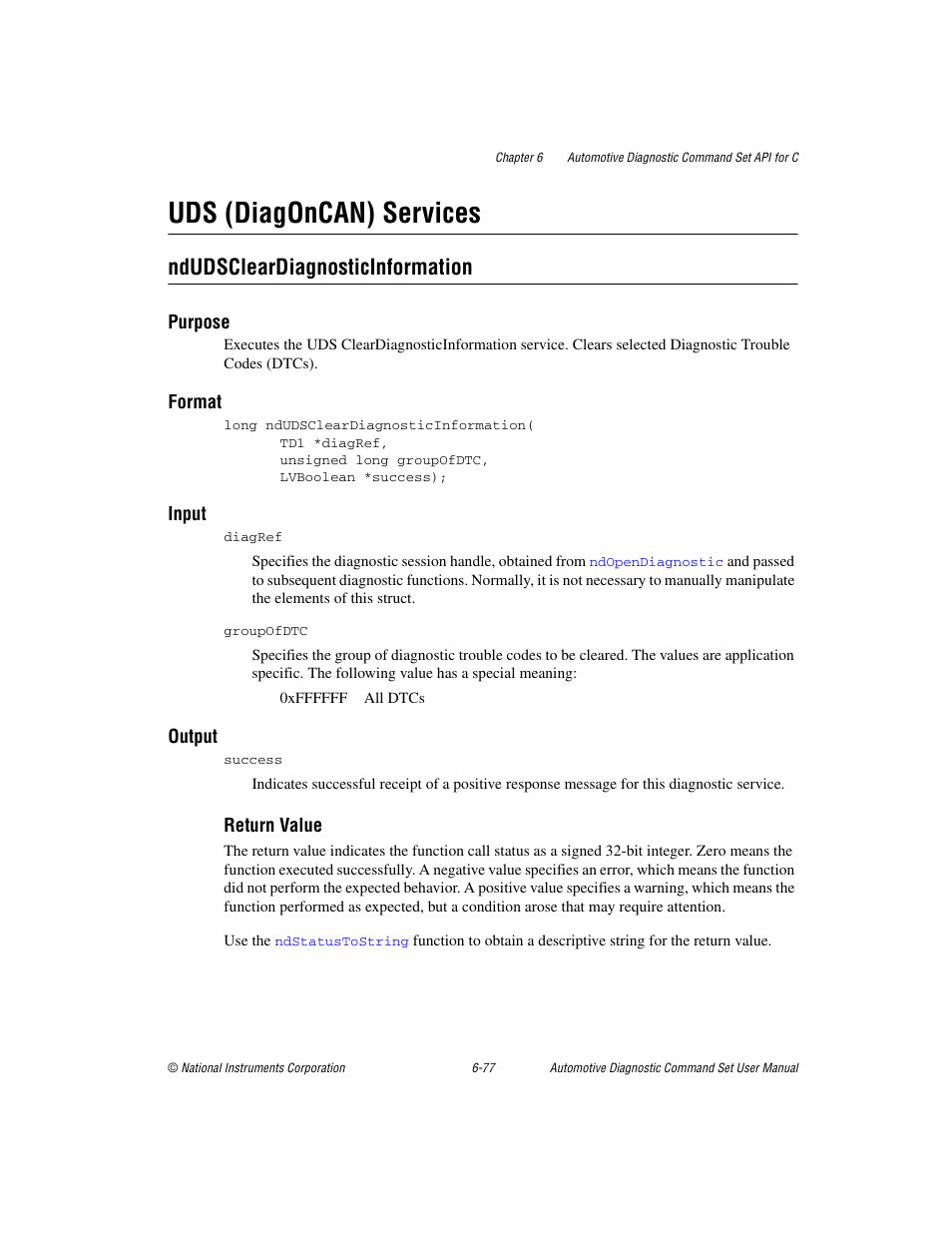 Uds (diagoncan) services, Ndudscleardiagnosticinformation, Uds (diagoncan) services -77 | Ndudscleardiagnosticinformation -77 | National Instruments CAN 372139B-01 User Manual | Page 241 / 301