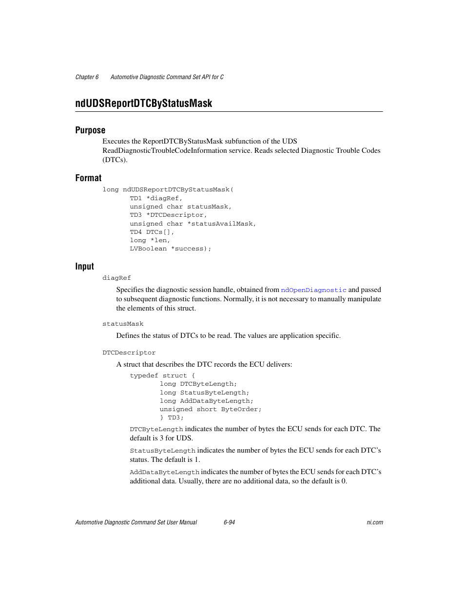 Ndudsreportdtcbystatusmask, Ndudsreportdtcbystatusmask -94, Purpose | Format, Input | National Instruments CAN 372139B-01 User Manual | Page 258 / 301