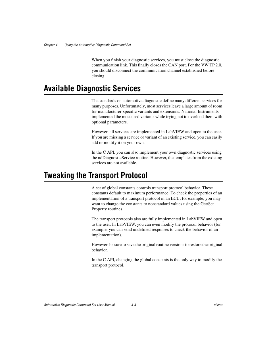 Available diagnostic services, Tweaking the transport protocol | National Instruments CAN 372139B-01 User Manual | Page 26 / 301