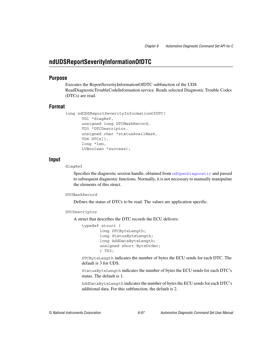 Ndudsreportseverityinformationofdtc, Ndudsreportseverityinformationofdtc -97, Purpose | Format, Input | National Instruments CAN 372139B-01 User Manual | Page 261 / 301