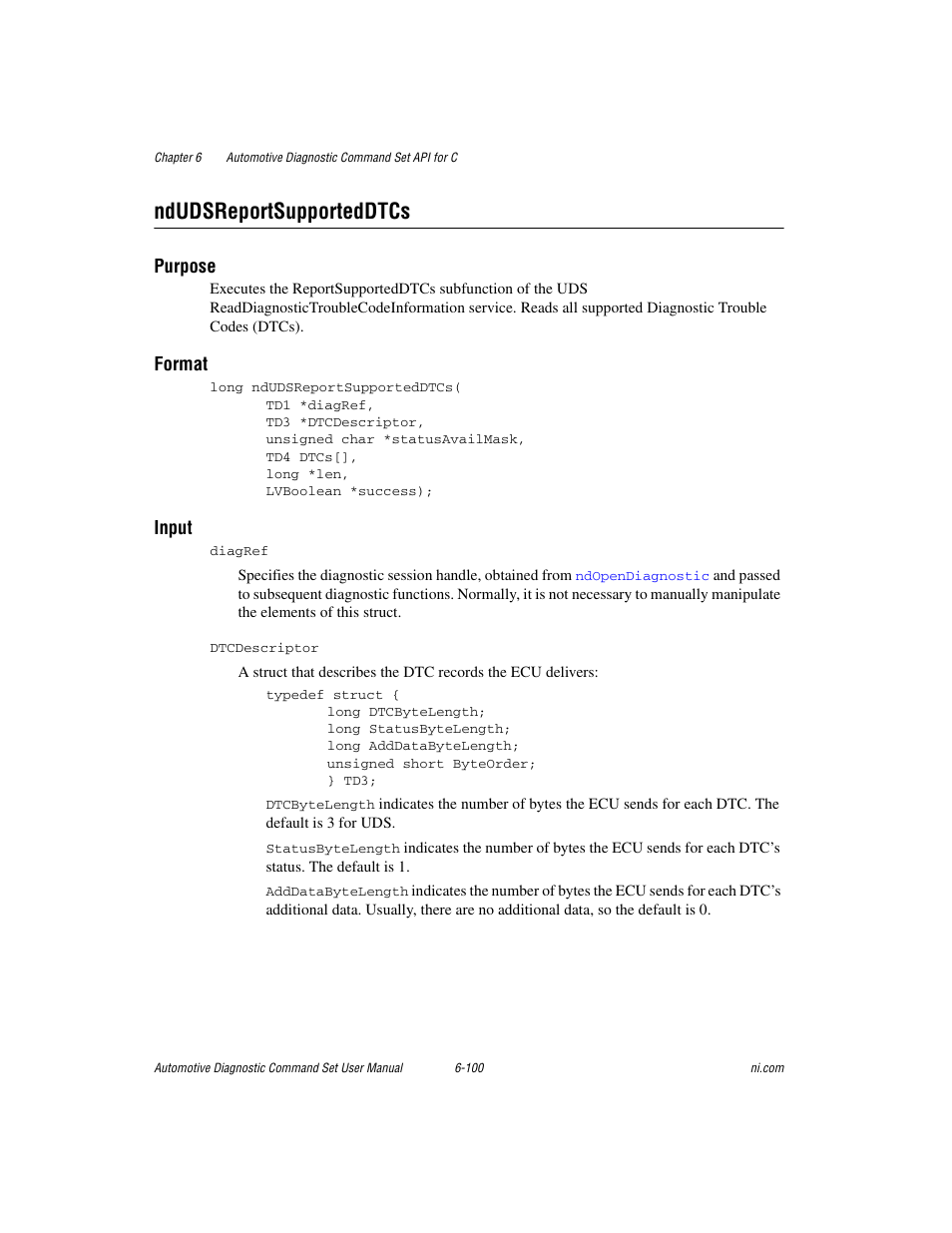 Ndudsreportsupporteddtcs, Ndudsreportsupporteddtcs -100, Purpose | Format, Input | National Instruments CAN 372139B-01 User Manual | Page 264 / 301