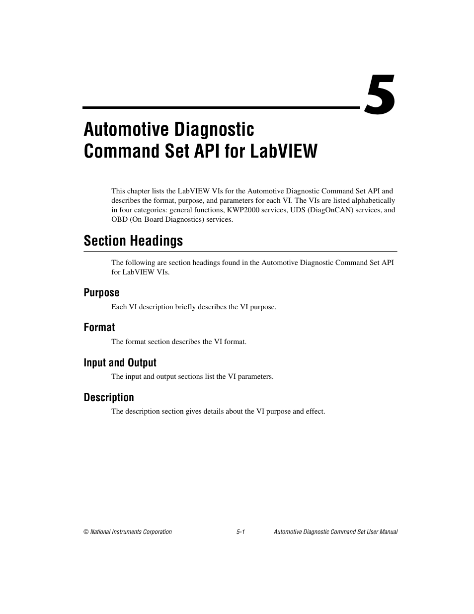 Section headings, Purpose, Format | Input and output, Description, Section headings -1, Chapter 5, Automotive diagnostic command set api for labview | National Instruments CAN 372139B-01 User Manual | Page 27 / 301