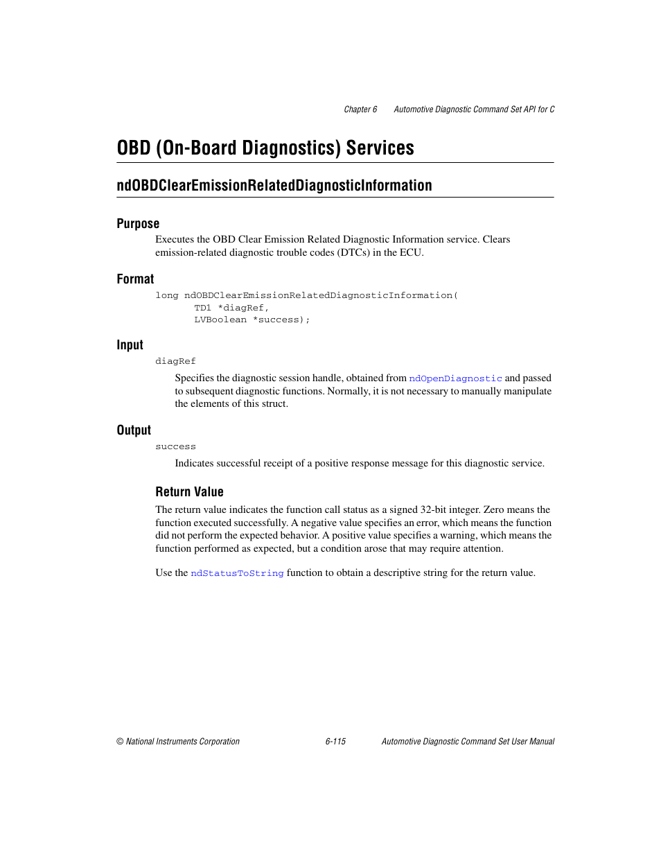 Obd (on-board diagnostics) services, Ndobdclearemissionrelateddiagnosticinformation, Obd (on-board diagnostics) services -115 | National Instruments CAN 372139B-01 User Manual | Page 279 / 301