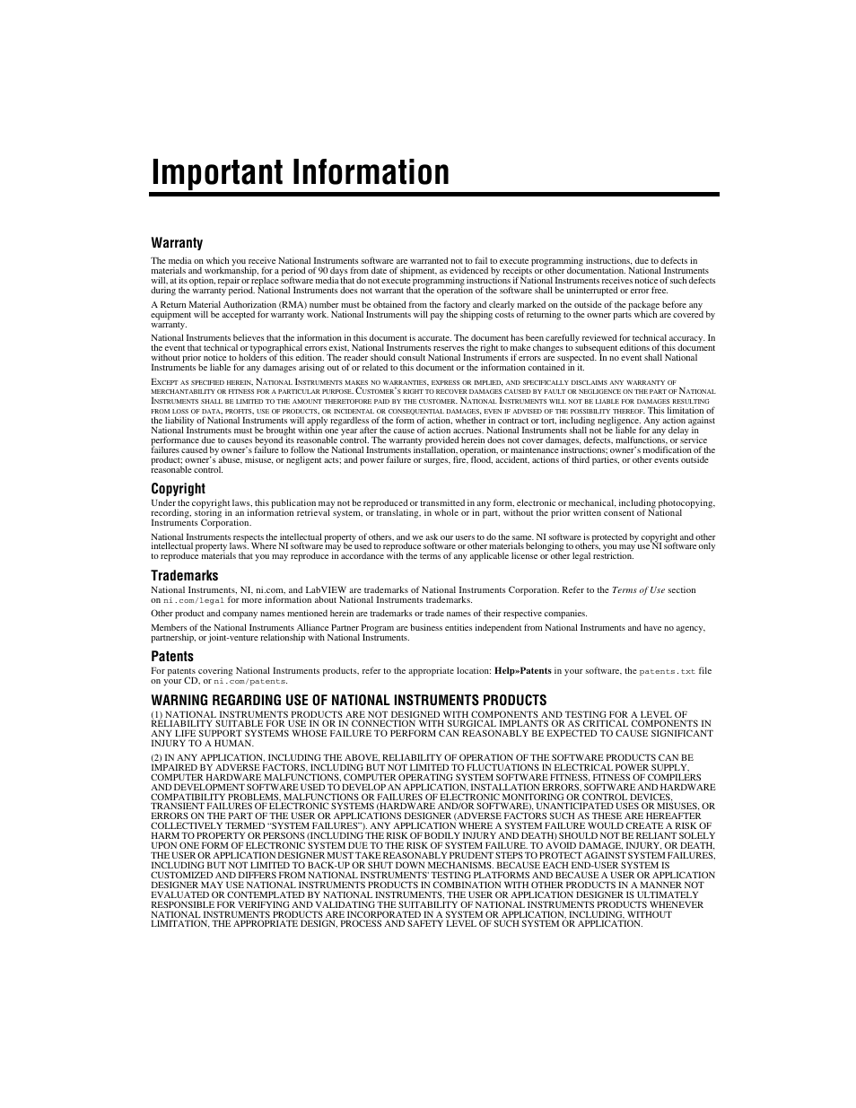 Important information, Warranty, Copyright | Trademarks, Patents | National Instruments CAN 372139B-01 User Manual | Page 3 / 301