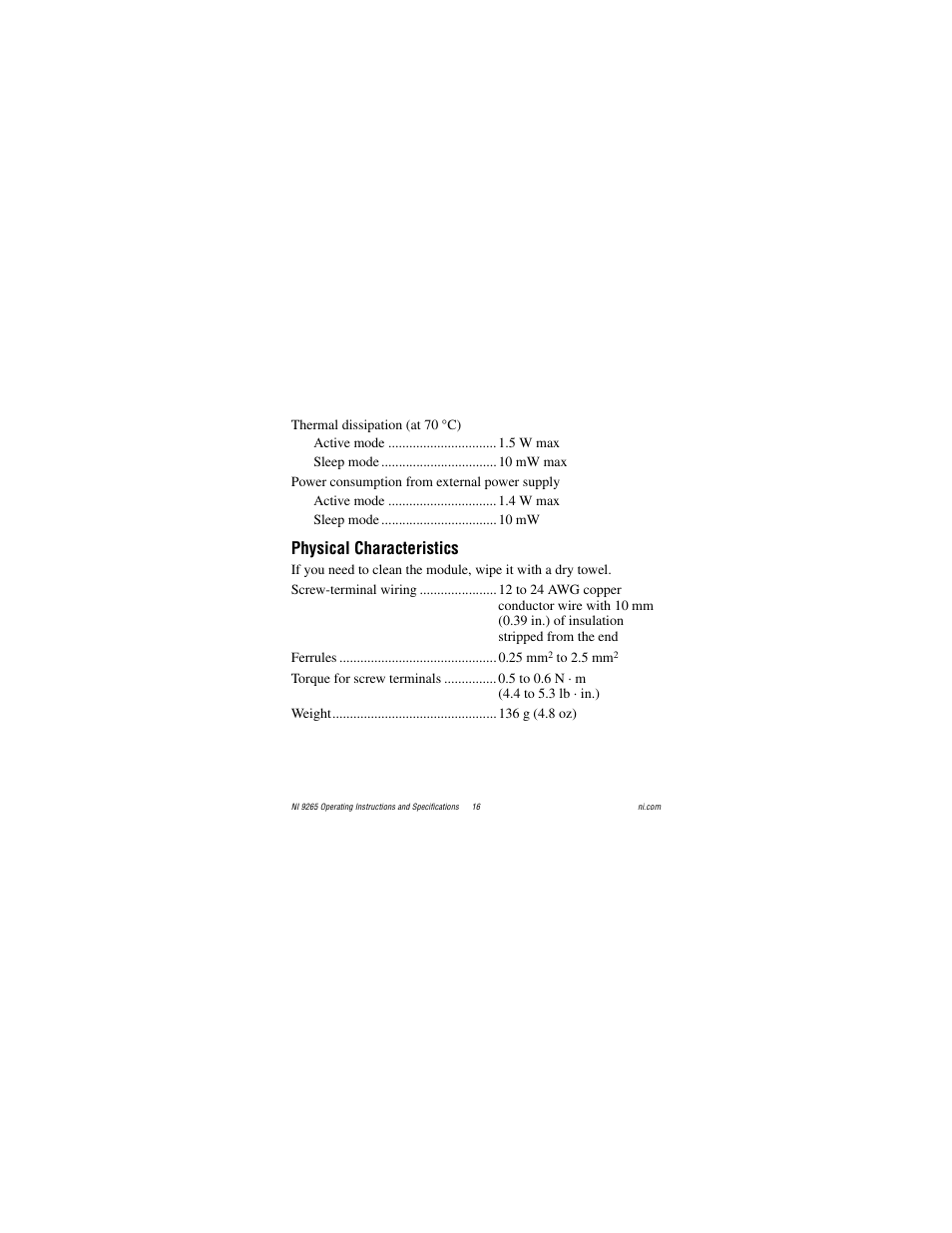 Physical characteristics | National Instruments NI 9265 User Manual | Page 16 / 26
