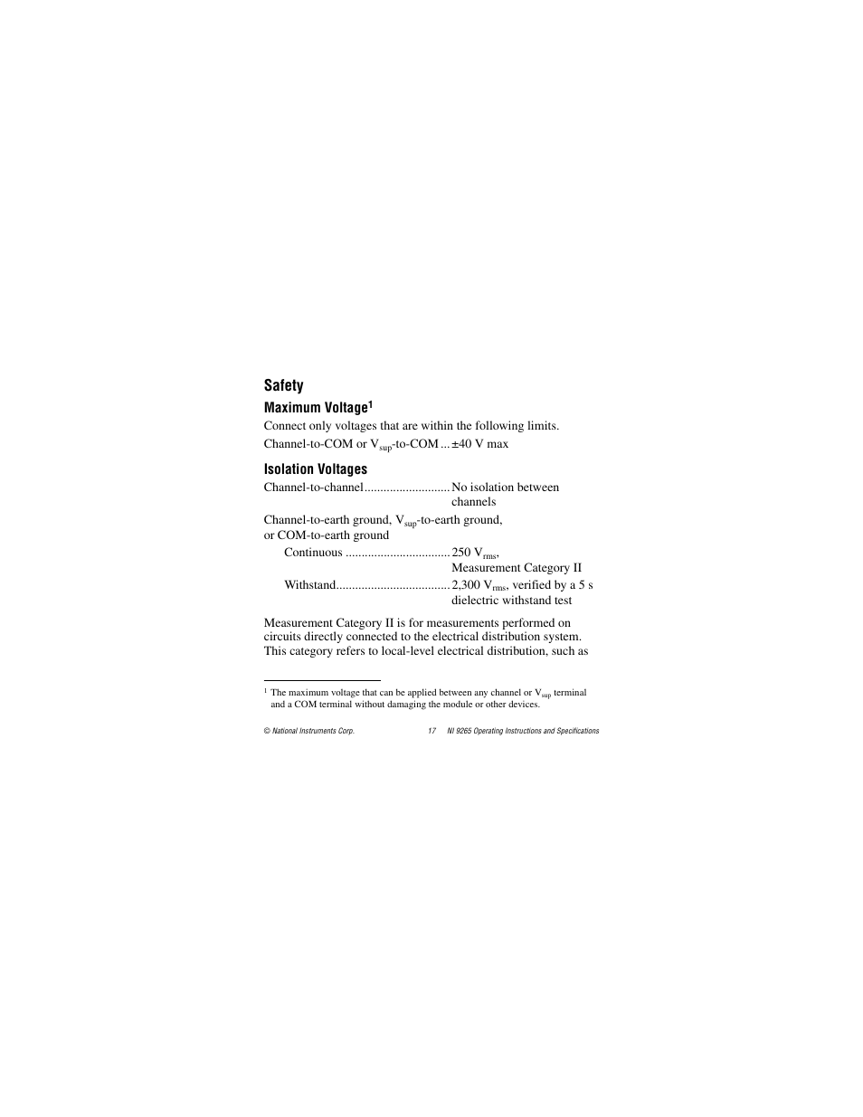 Safety, Maximum voltage, Isolation voltages | National Instruments NI 9265 User Manual | Page 17 / 26