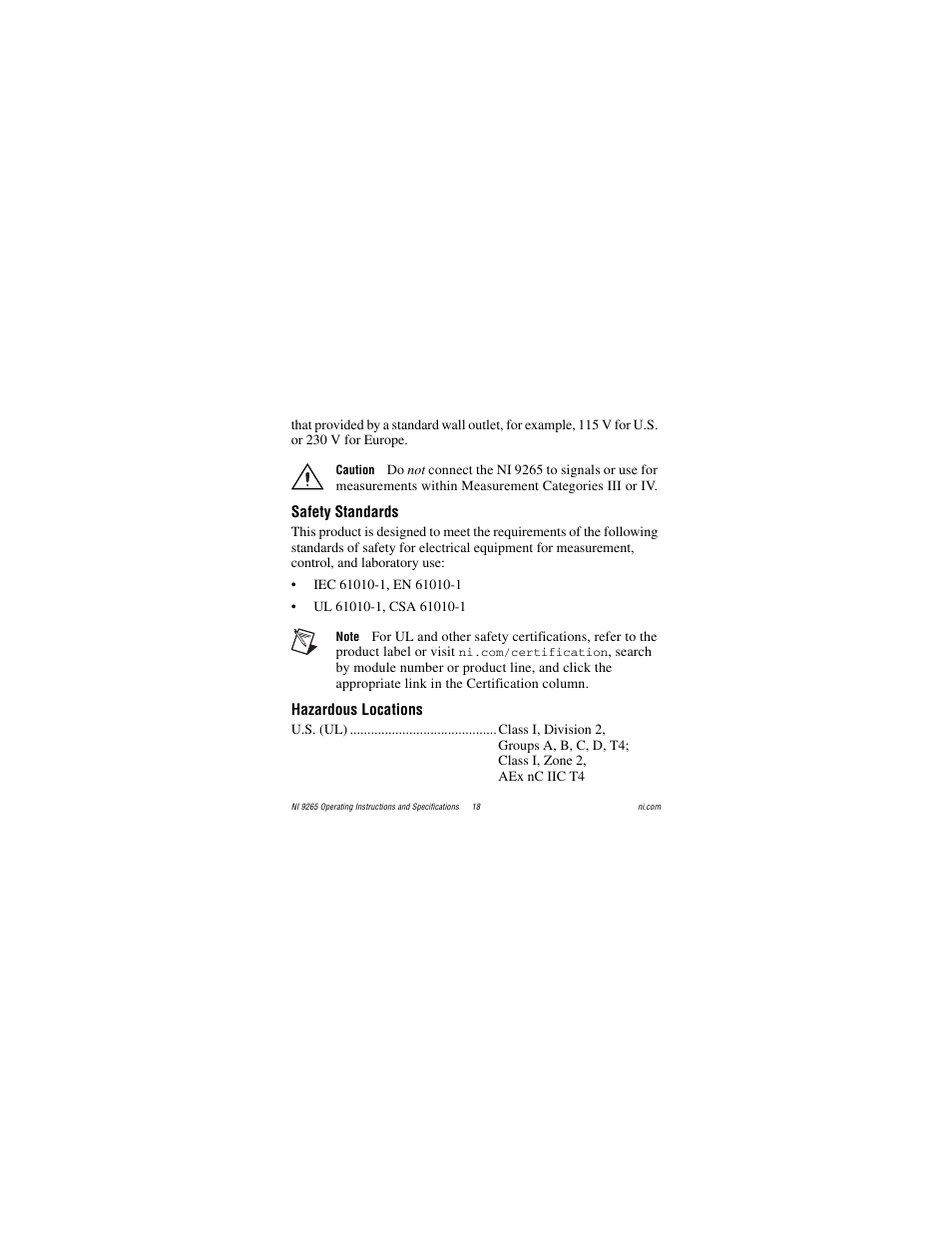 Safety standards, Hazardous locations | National Instruments NI 9265 User Manual | Page 18 / 26