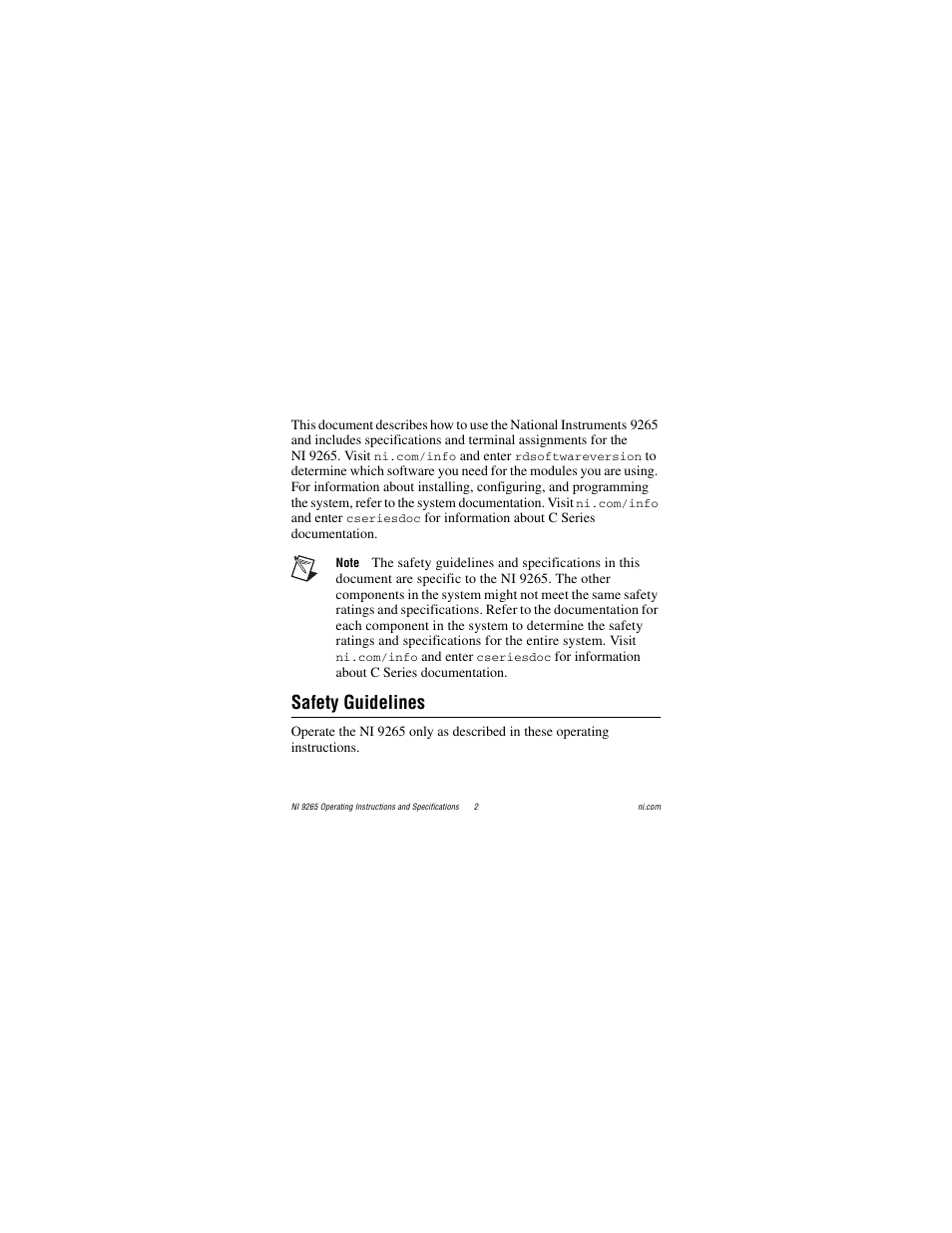 Safety guidelines | National Instruments NI 9265 User Manual | Page 2 / 26