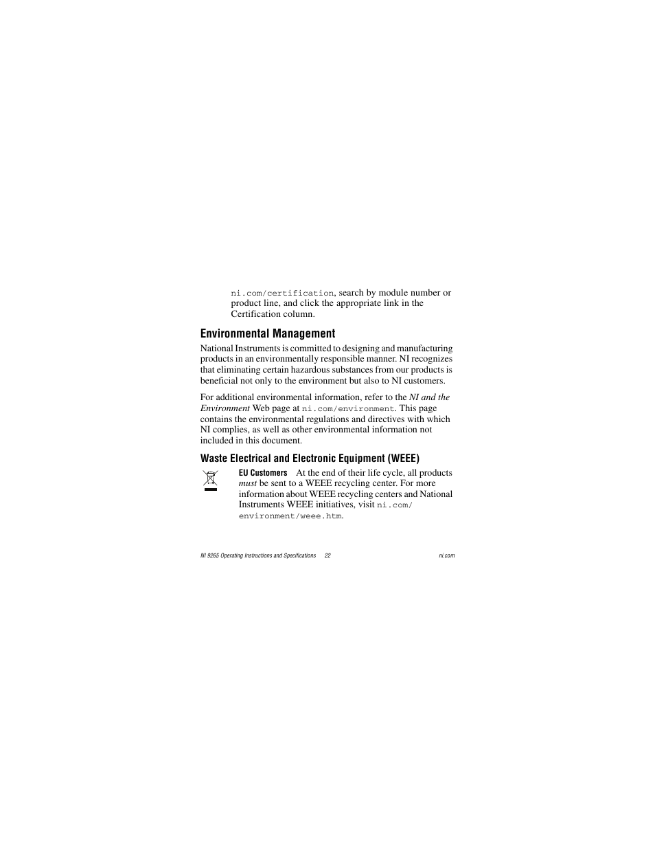 Environmental management | National Instruments NI 9265 User Manual | Page 22 / 26