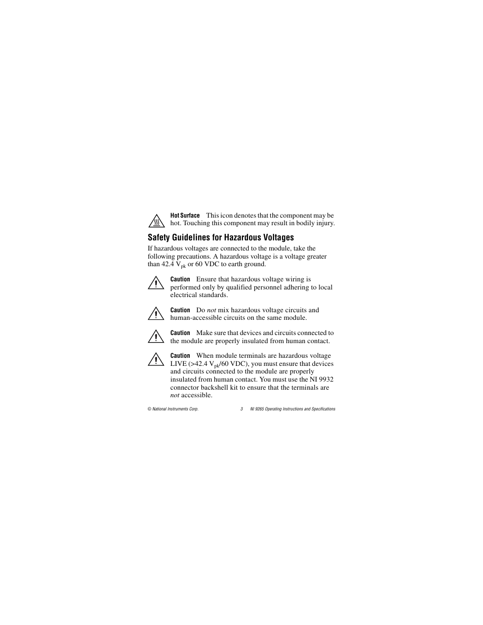 Safety guidelines for hazardous voltages | National Instruments NI 9265 User Manual | Page 3 / 26