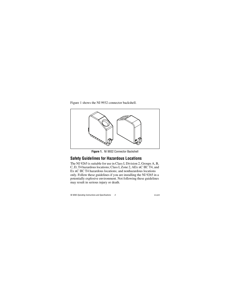 Figure 1. ni 9932 connector backshell, Safety guidelines for hazardous locations | National Instruments NI 9265 User Manual | Page 4 / 26