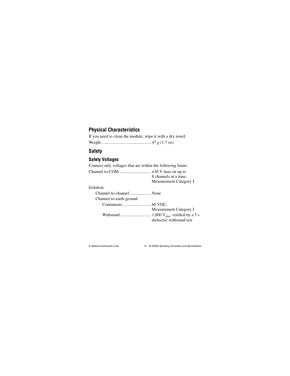 Physical characteristics, Safety, Safety voltages | National Instruments NI 9403E User Manual | Page 13 / 19
