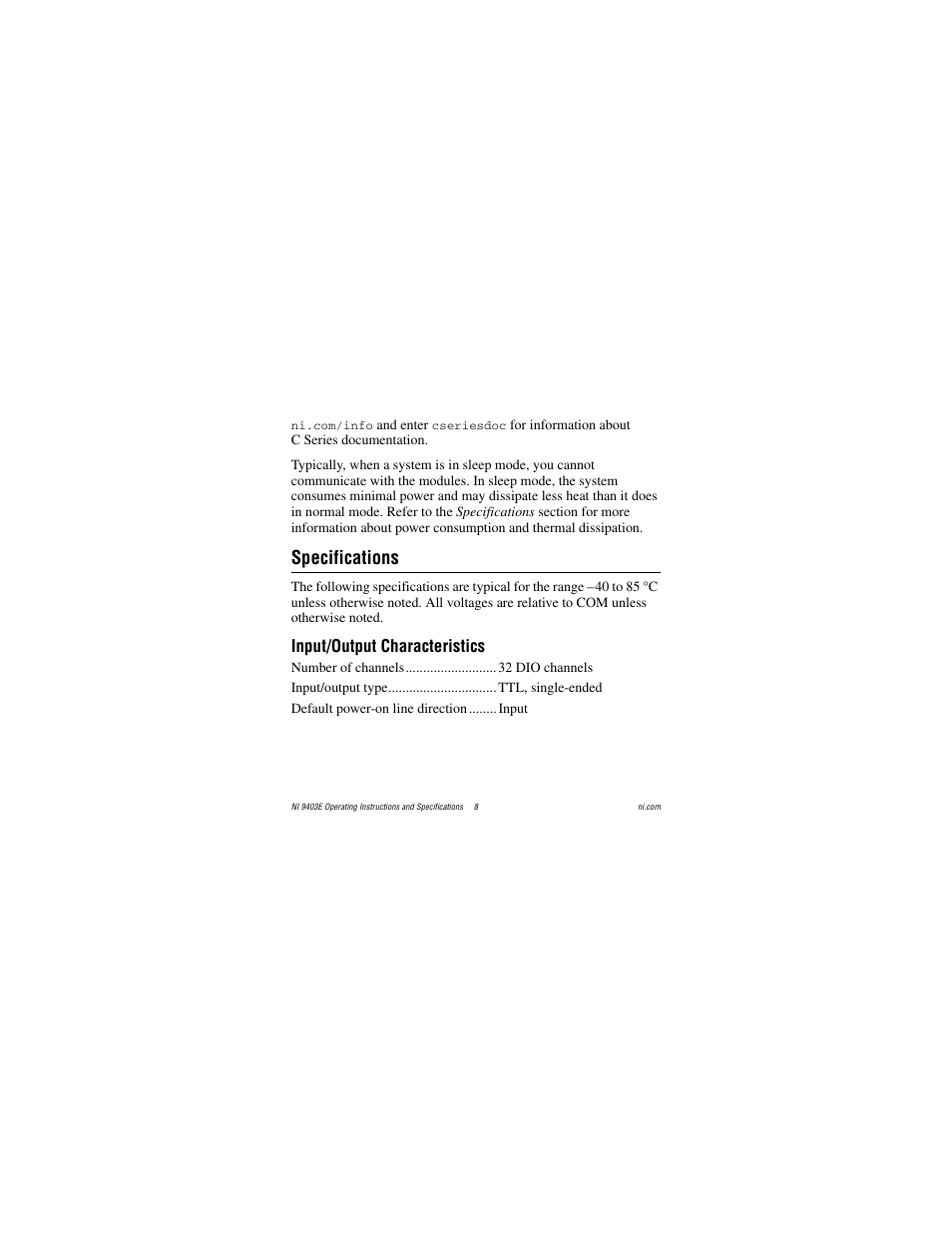 Specifications, Input/output characteristics | National Instruments NI 9403E User Manual | Page 8 / 19