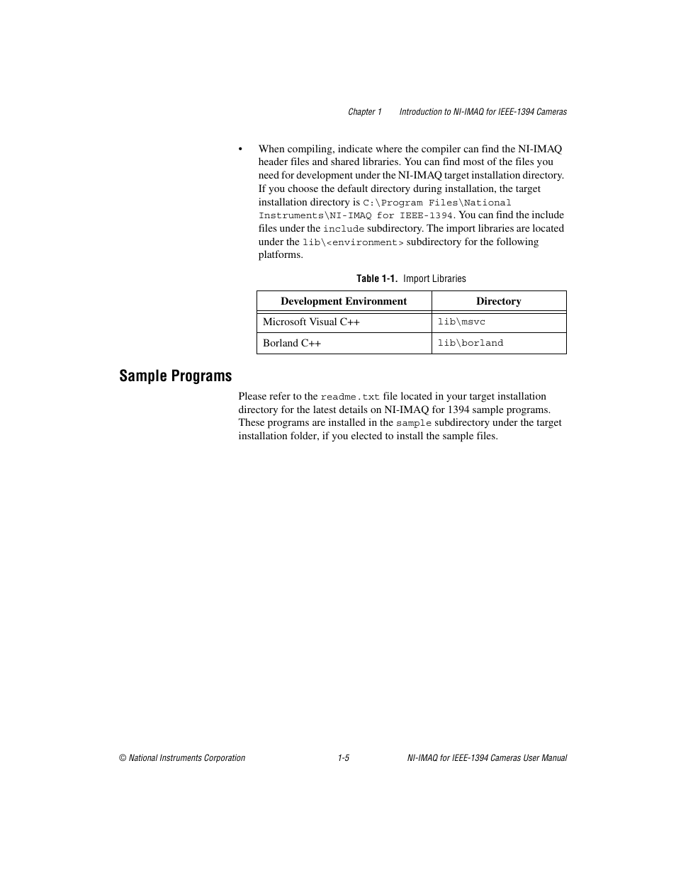 Table 1-1. import libraries, Sample programs, Sample programs -5 | National Instruments NI-IMAQ User Manual | Page 11 / 52