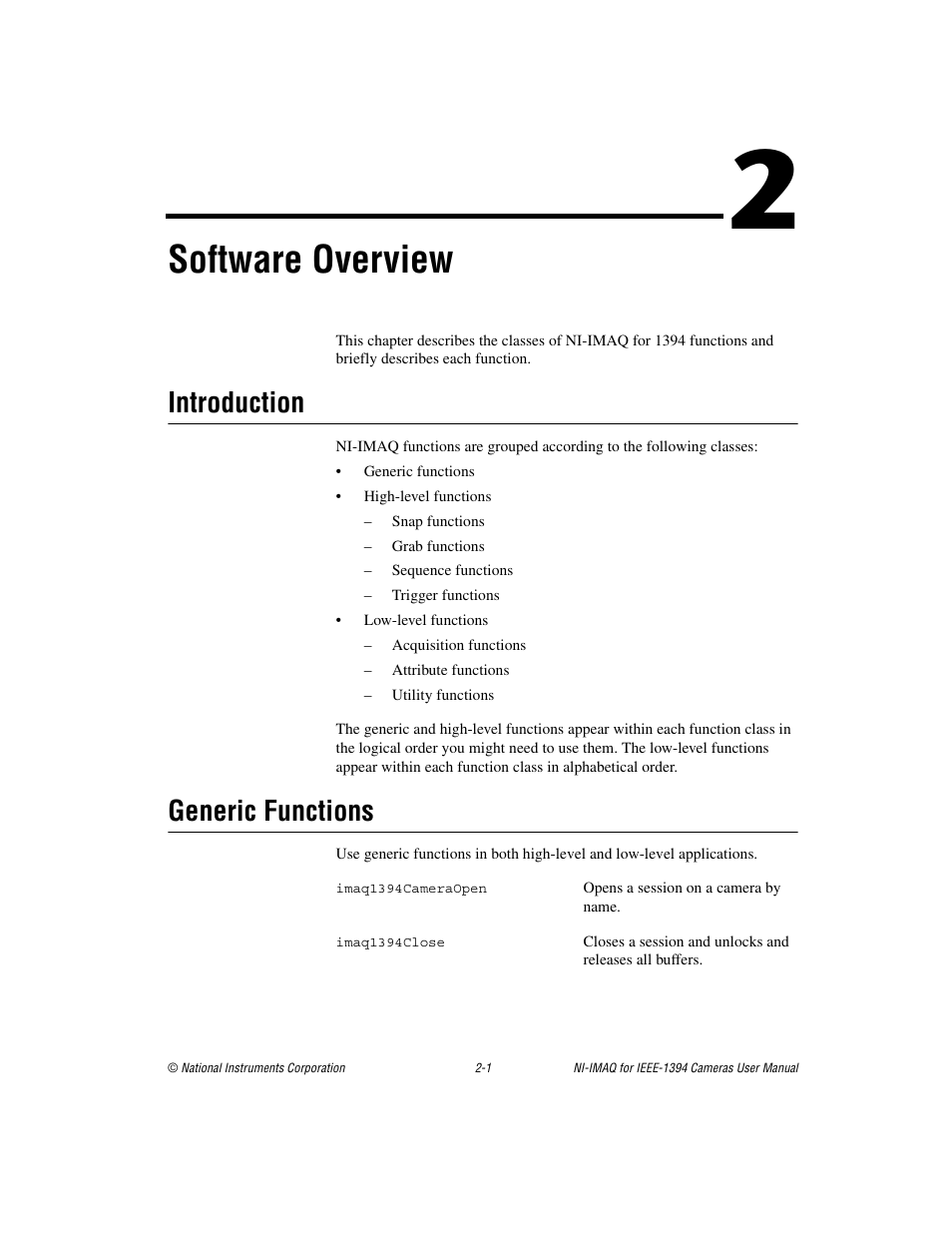 Chapter 2 software overview, Introduction, Generic functions | Introduction -1 generic functions -1, Software overview | National Instruments NI-IMAQ User Manual | Page 12 / 52