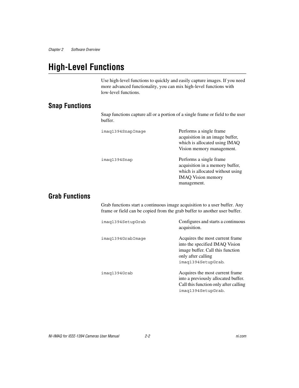 High-level functions, Snap functions, Grab functions | High-level functions -2, Snap functions -2 grab functions -2 | National Instruments NI-IMAQ User Manual | Page 13 / 52