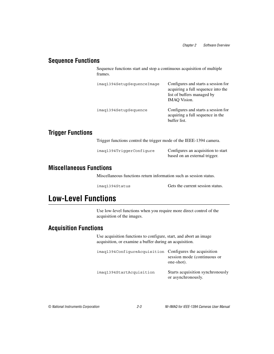 Sequence functions, Trigger functions, Miscellaneous functions | Low-level functions, Acquisition functions, Low-level functions -3, Acquisition functions -3 | National Instruments NI-IMAQ User Manual | Page 14 / 52