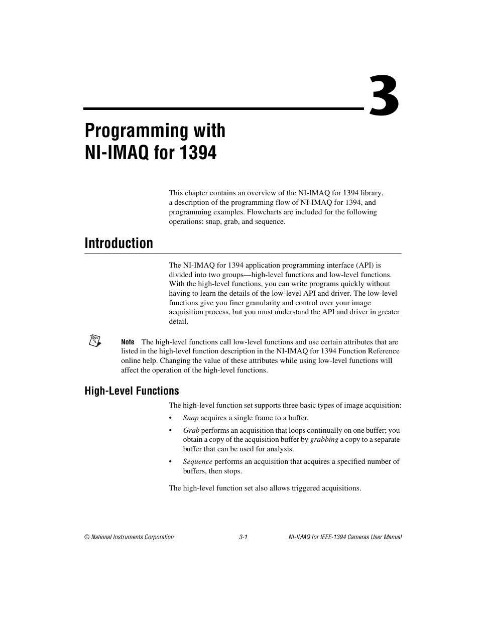 Chapter 3 programming with ni-imaq for 1394, Introduction, High-level functions | Introduction -1, High-level functions -1, Programming with ni-imaq for 1394 | National Instruments NI-IMAQ User Manual | Page 17 / 52