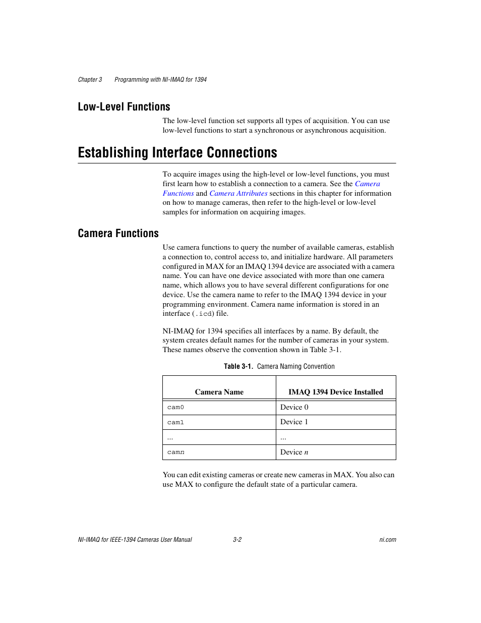 Low-level functions, Establishing interface connections, Camera functions | Table 3-1. camera naming convention, Low-level functions -2, Establishing interface connections -2, Camera functions -2 | National Instruments NI-IMAQ User Manual | Page 18 / 52