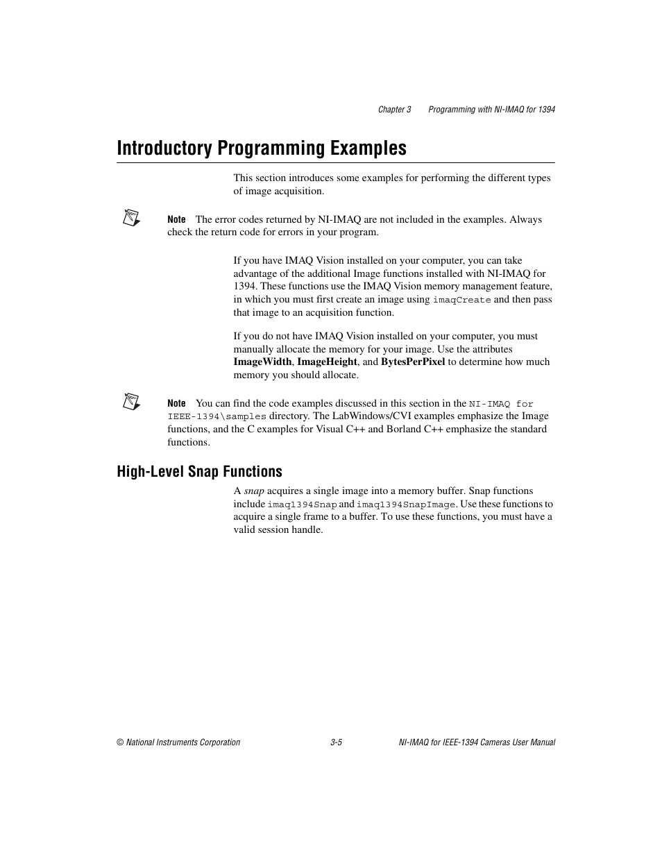 Introductory programming examples, High-level snap functions, Introductory programming examples -5 | High-level snap functions -5 | National Instruments NI-IMAQ User Manual | Page 21 / 52