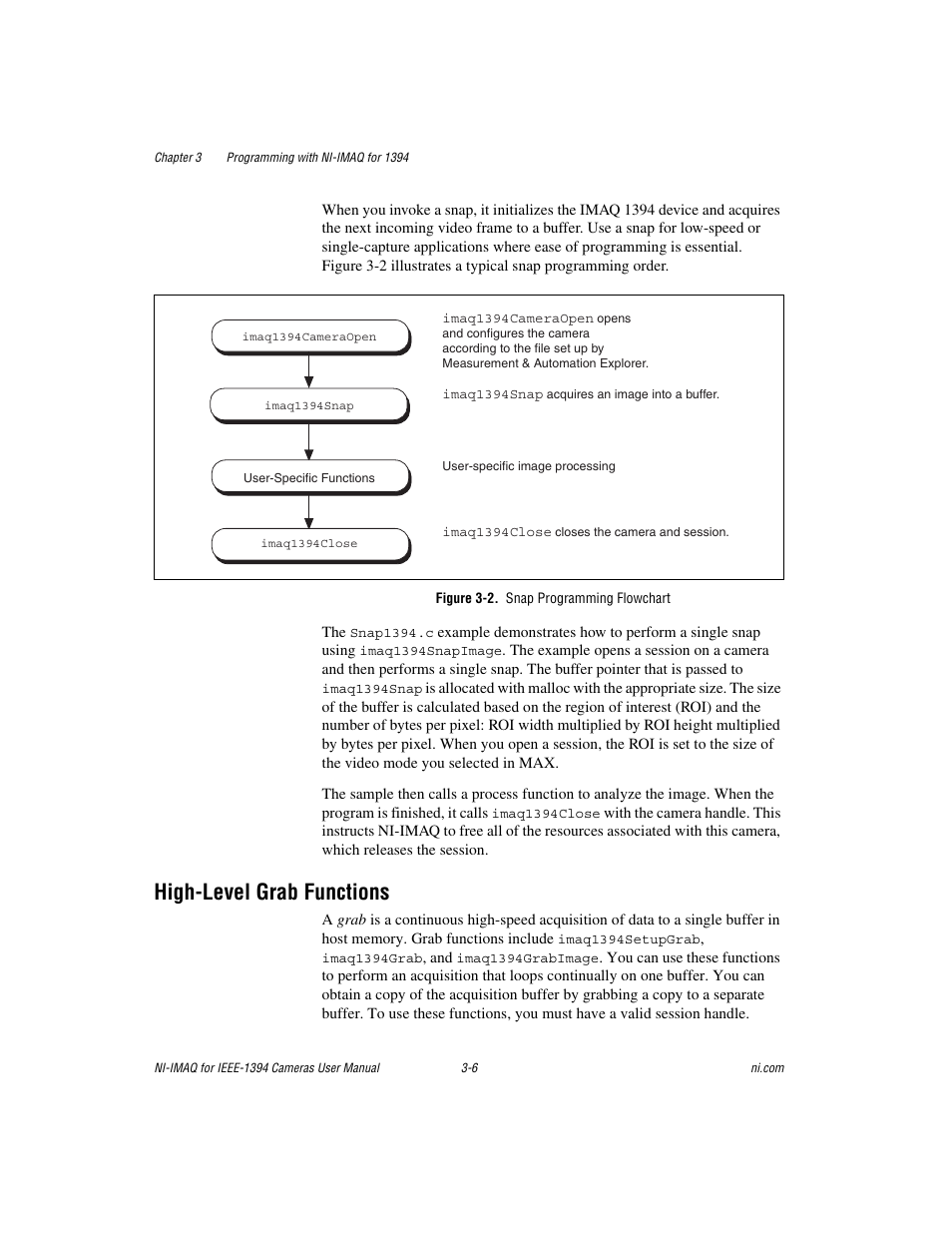 Figure 3-2. snap programming flowchart, High-level grab functions, High-level grab functions -6 | National Instruments NI-IMAQ User Manual | Page 22 / 52