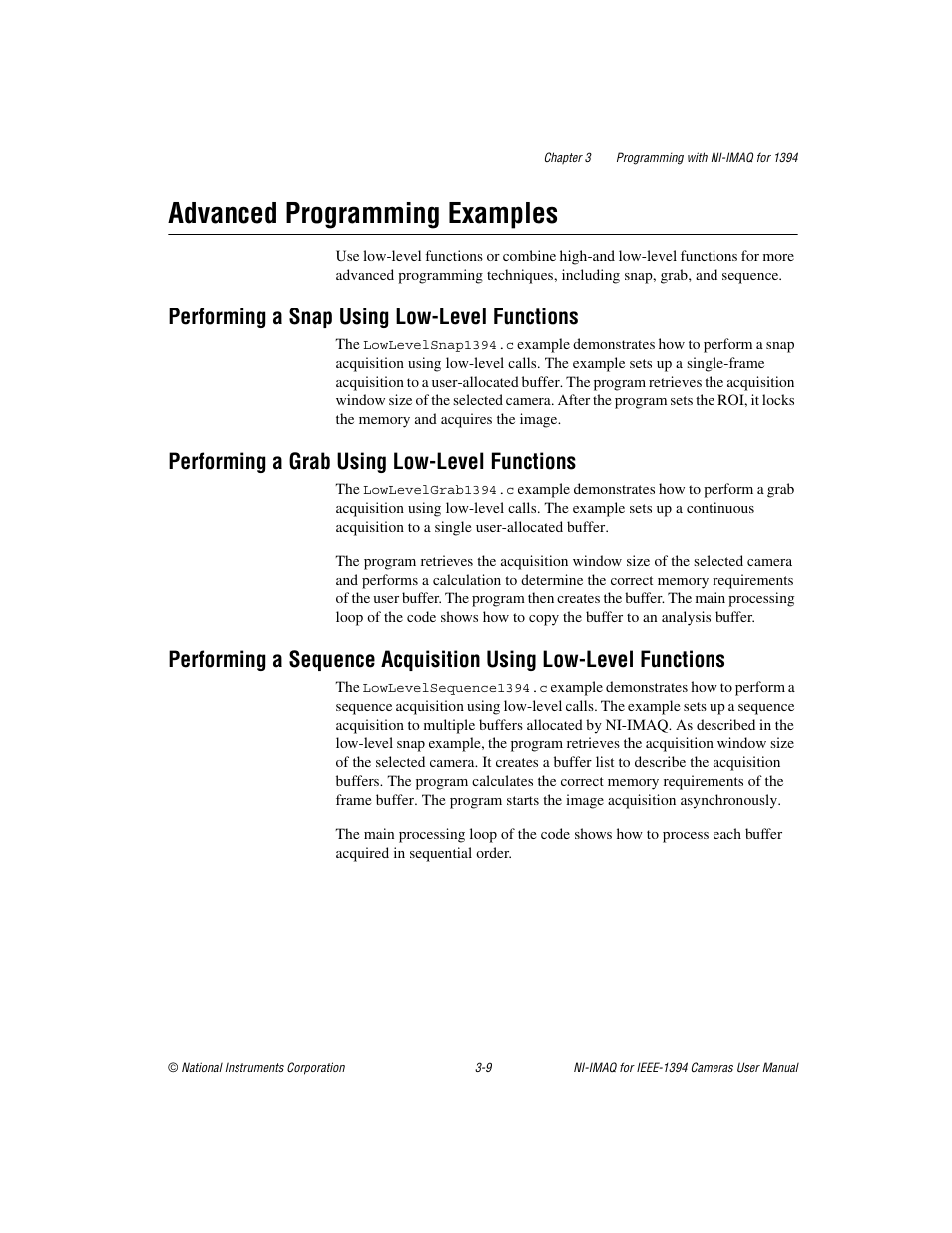 Advanced programming examples, Performing a snap using low-level functions, Performing a grab using low-level functions | Advanced programming examples -9 | National Instruments NI-IMAQ User Manual | Page 25 / 52