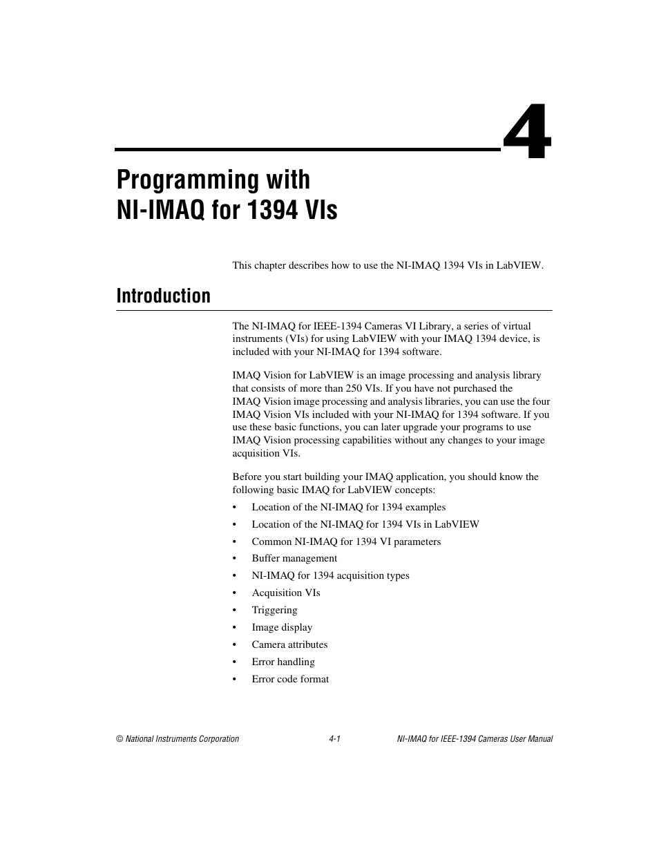 Chapter 4 programming with ni-imaq for 1394 vis, Introduction, Introduction -1 | Programming with ni-imaq for 1394 vis | National Instruments NI-IMAQ User Manual | Page 27 / 52
