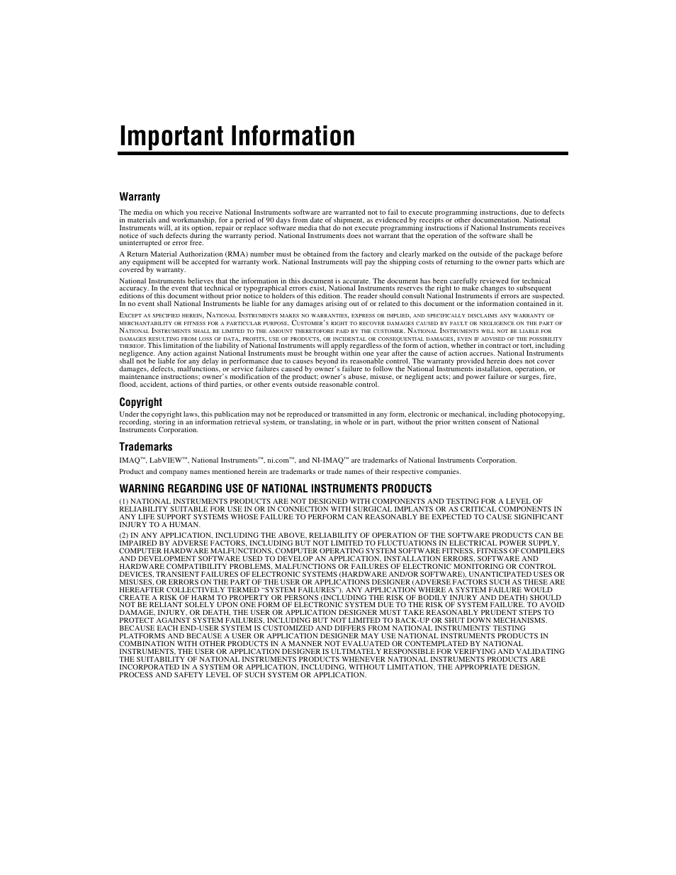 Important information, Warranty, Copyright | Trademarks | National Instruments NI-IMAQ User Manual | Page 3 / 52