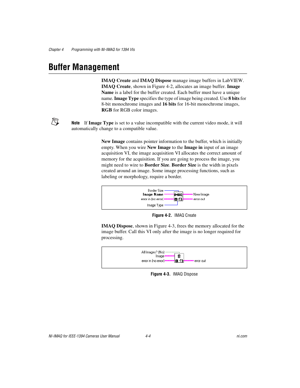 Buffer management, Figure 4-2. imaq create, Figure 4-3. imaq dispose | Buffer management -4 | National Instruments NI-IMAQ User Manual | Page 30 / 52