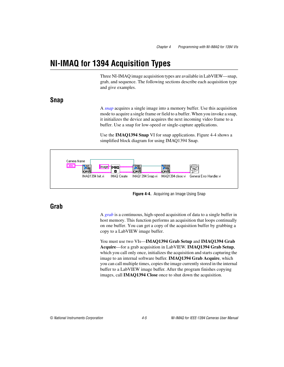 Ni-imaq for 1394 acquisition types, Snap, Figure 4-4. acquiring an image using snap | Grab, Ni-imaq for 1394 acquisition types -5, Snap -5 grab -5 | National Instruments NI-IMAQ User Manual | Page 31 / 52