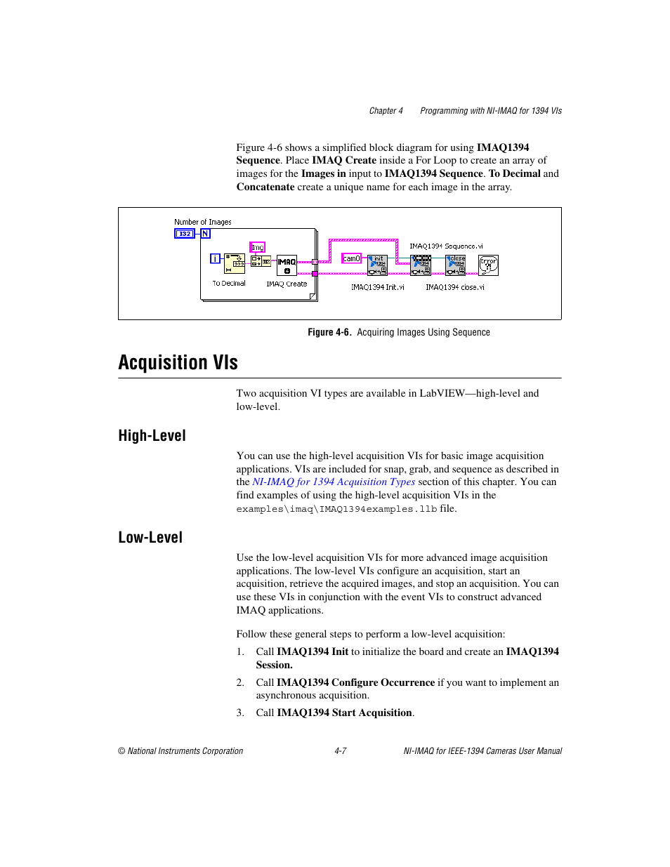 Figure 4-6. acquiring images using sequence, Acquisition vis, High-level | Low-level, Acquisition vis -7, High-level -7 low-level -7 | National Instruments NI-IMAQ User Manual | Page 33 / 52