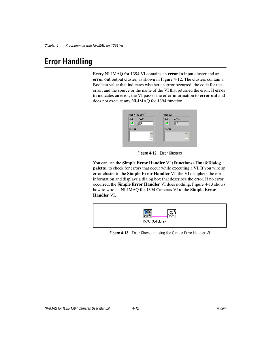 Error handling, Figure 4-12. error clusters, Error handling -12 | National Instruments NI-IMAQ User Manual | Page 38 / 52