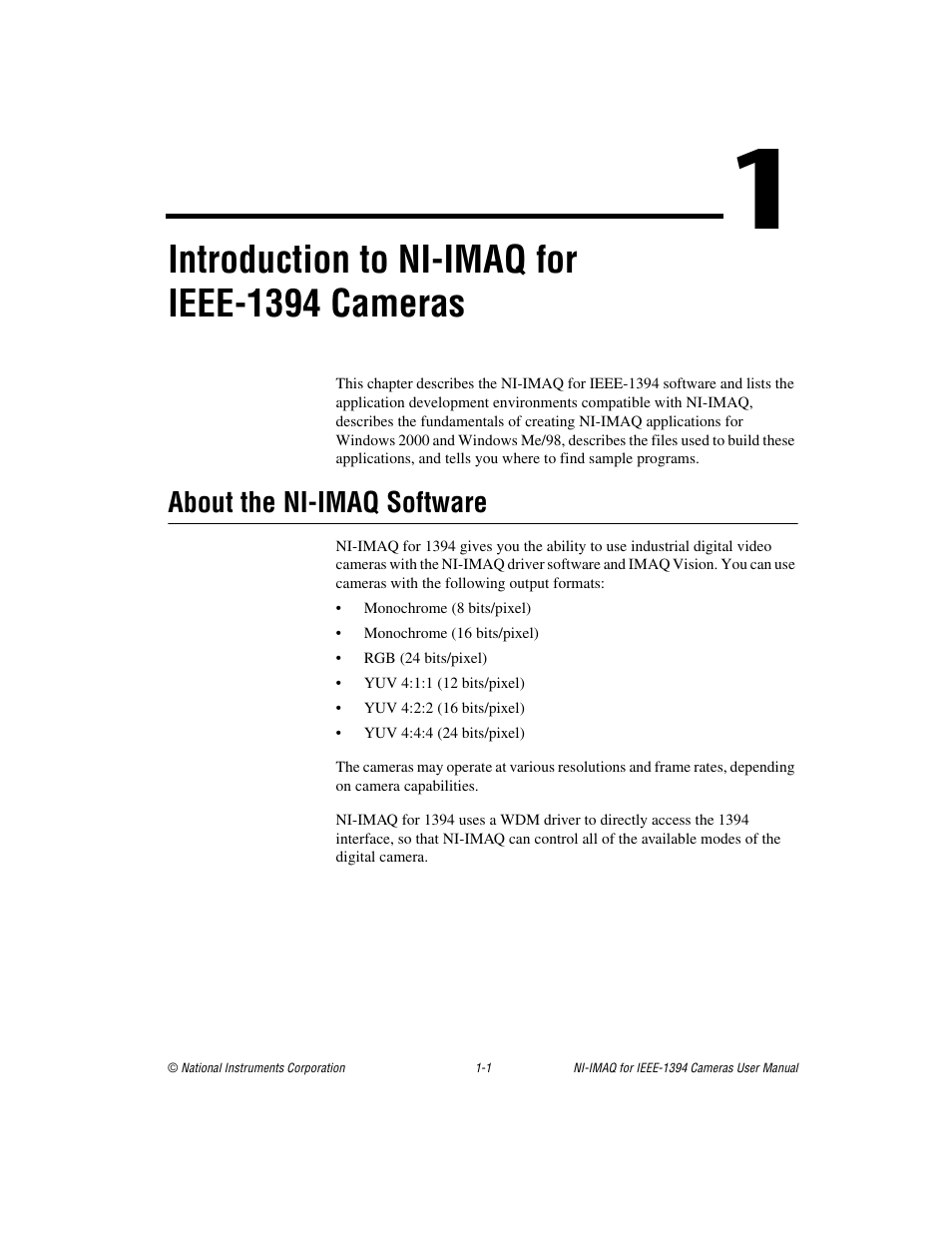 About the ni-imaq software, About the ni-imaq software -1, Introduction to ni-imaq for ieee-1394 cameras | National Instruments NI-IMAQ User Manual | Page 7 / 52