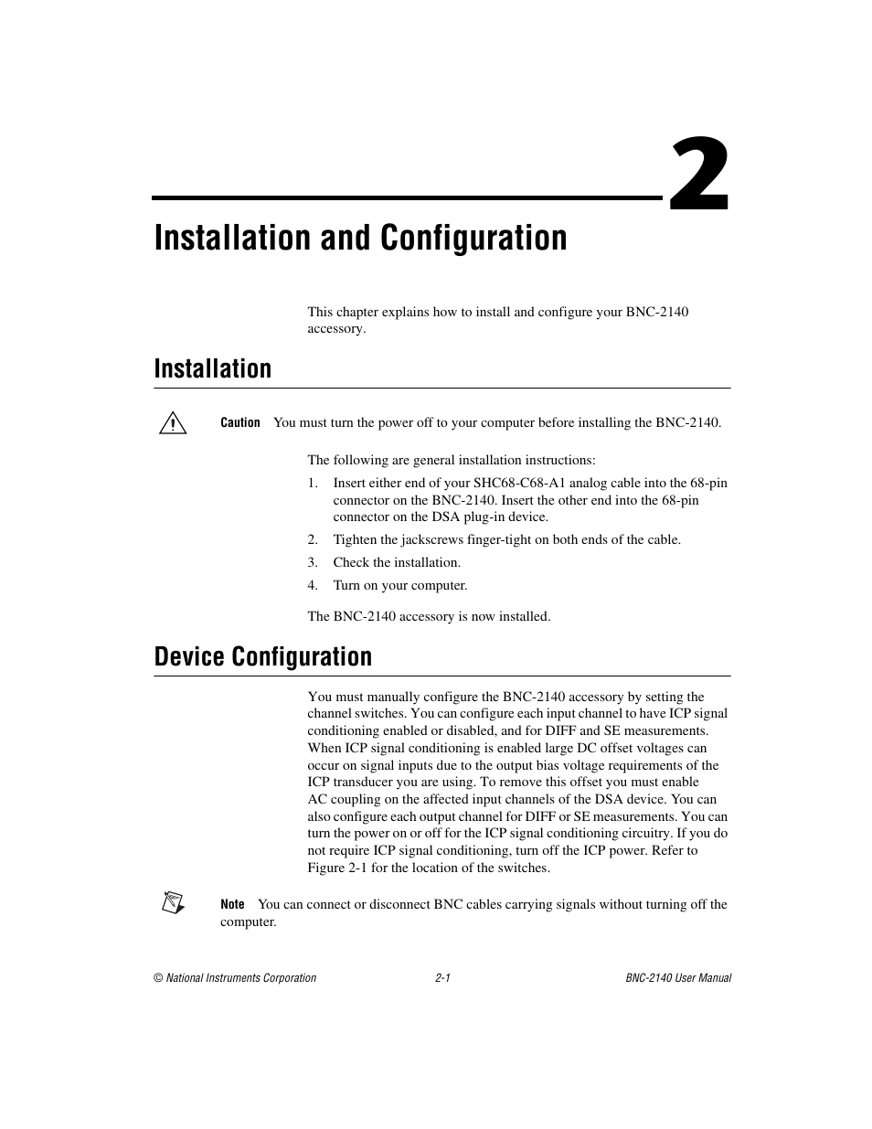 Chapter 2 installation and configuration, Installation, Device configuration | Installation -1 device configuration -1, Installation and configuration | National Instruments BNC -2140 User Manual | Page 10 / 32