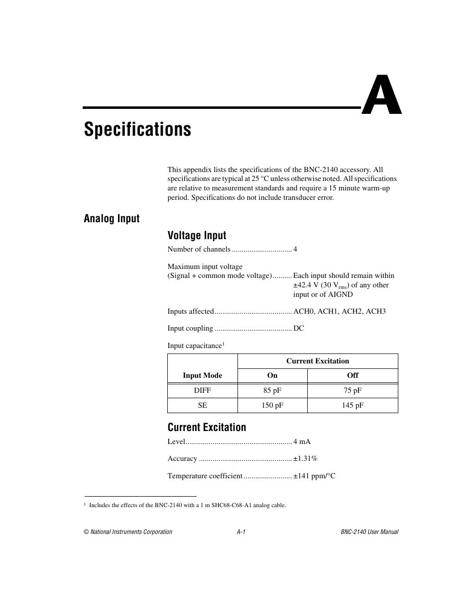 Appendix a specifications, Specifications | National Instruments BNC -2140 User Manual | Page 21 / 32