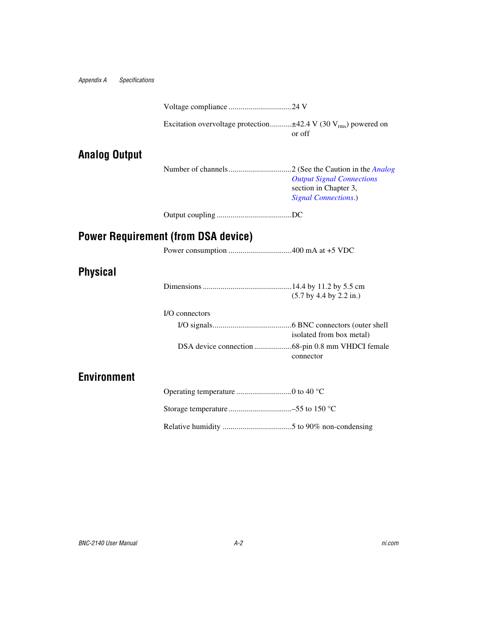 Analog output, Power requirement (from dsa device), Physical | Environment | National Instruments BNC -2140 User Manual | Page 22 / 32