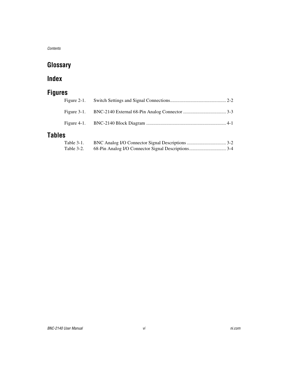 Figures, Tables, Glossary index figures | National Instruments BNC -2140 User Manual | Page 6 / 32