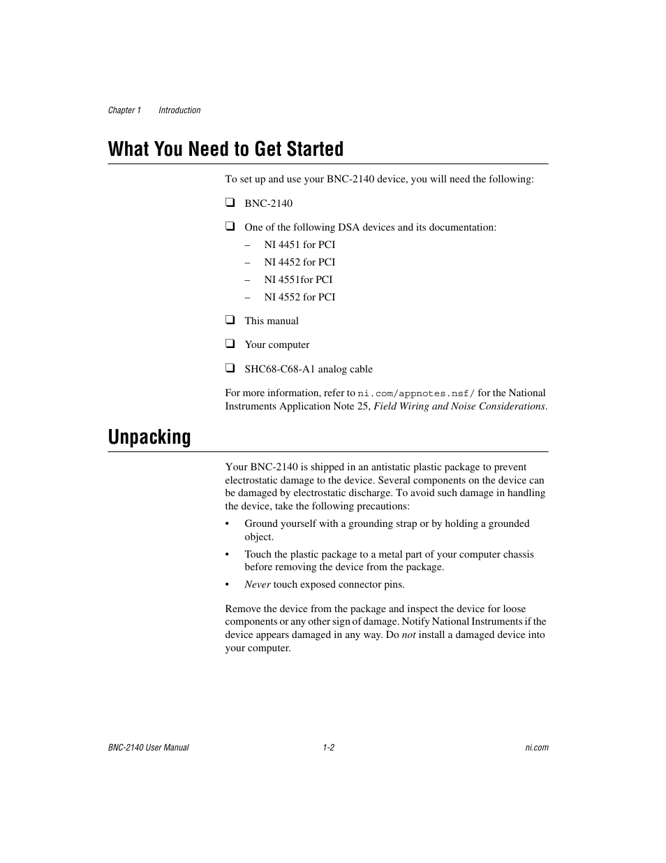 What you need to get started, Unpacking, What you need to get started -2 unpacking -2 | National Instruments BNC -2140 User Manual | Page 8 / 32