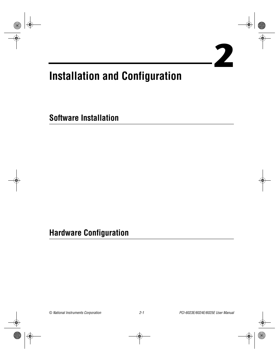 Chapter 2 installation and configuration, Software installation, Hardware configuration | Software installation -1 hardware configuration -1, Er 2, Installation and configuration | National Instruments PCI-6023E User Manual | Page 19 / 132