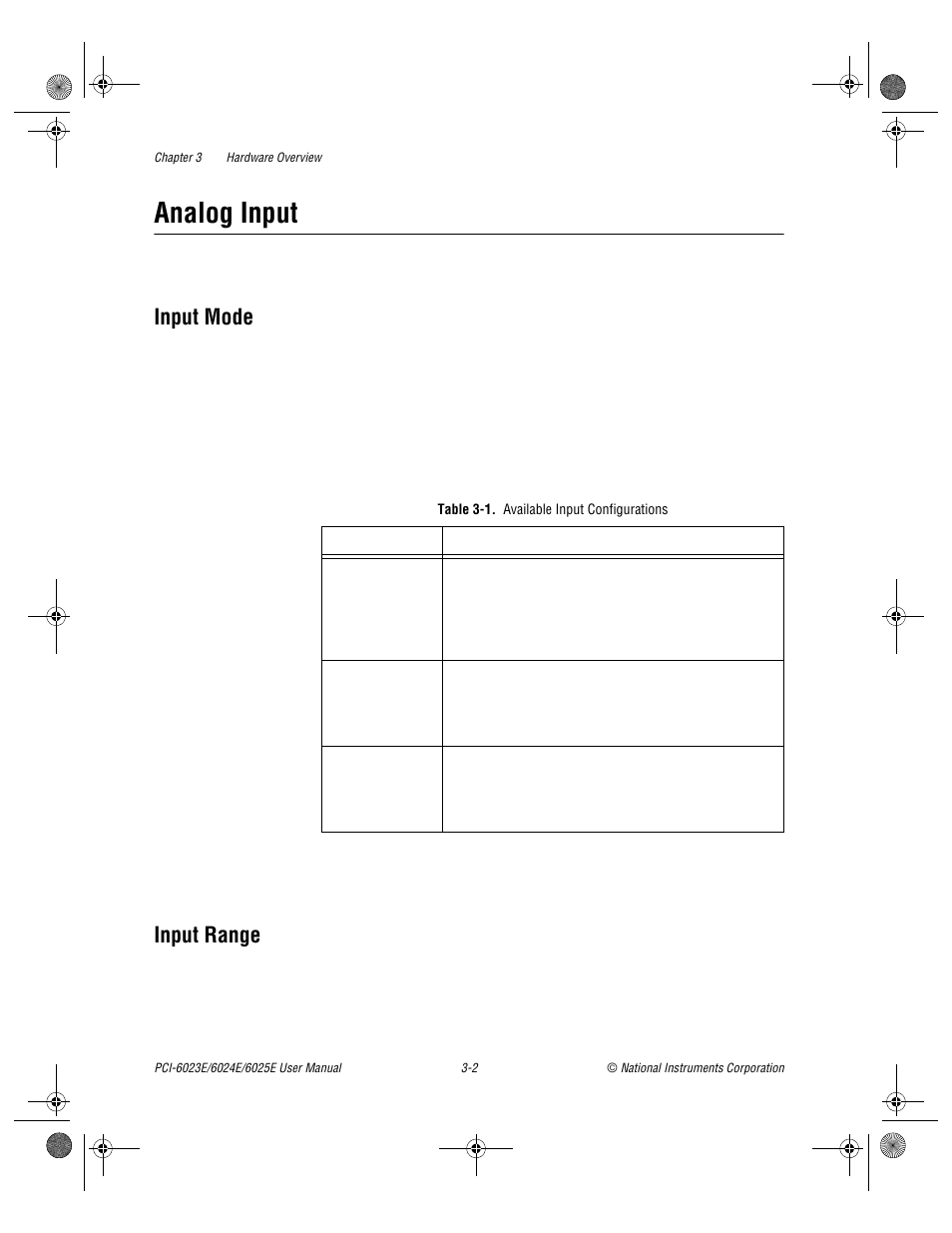 Analog input, Input mode, Input range | Table 3-1. available input configurations, Analog input -2, Input mode -2 input range -2, Table 3-1, Available input configurations -2 | National Instruments PCI-6023E User Manual | Page 22 / 132