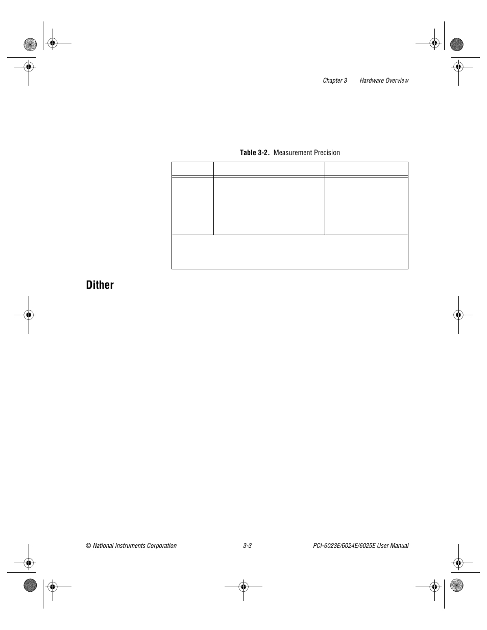 Dither, Table 3-2. measurement precision, Dither -3 | Table 3-2, Measurement precision -3 | National Instruments PCI-6023E User Manual | Page 23 / 132