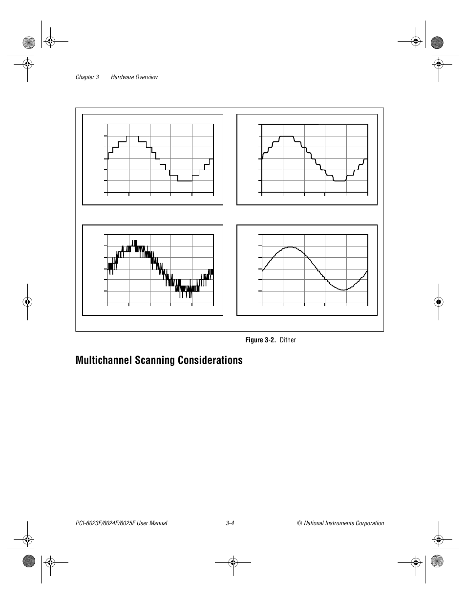 Multichannel scanning considerations, Figure 3-2. dither, Multichannel scanning considerations -4 | Figure 3-2, Dither -4, Sition. figure 3, Re 3-2b sho, Re 3-2c, N in figure 3-2d, D. dither enabled; average of 50 acquisitions | National Instruments PCI-6023E User Manual | Page 24 / 132