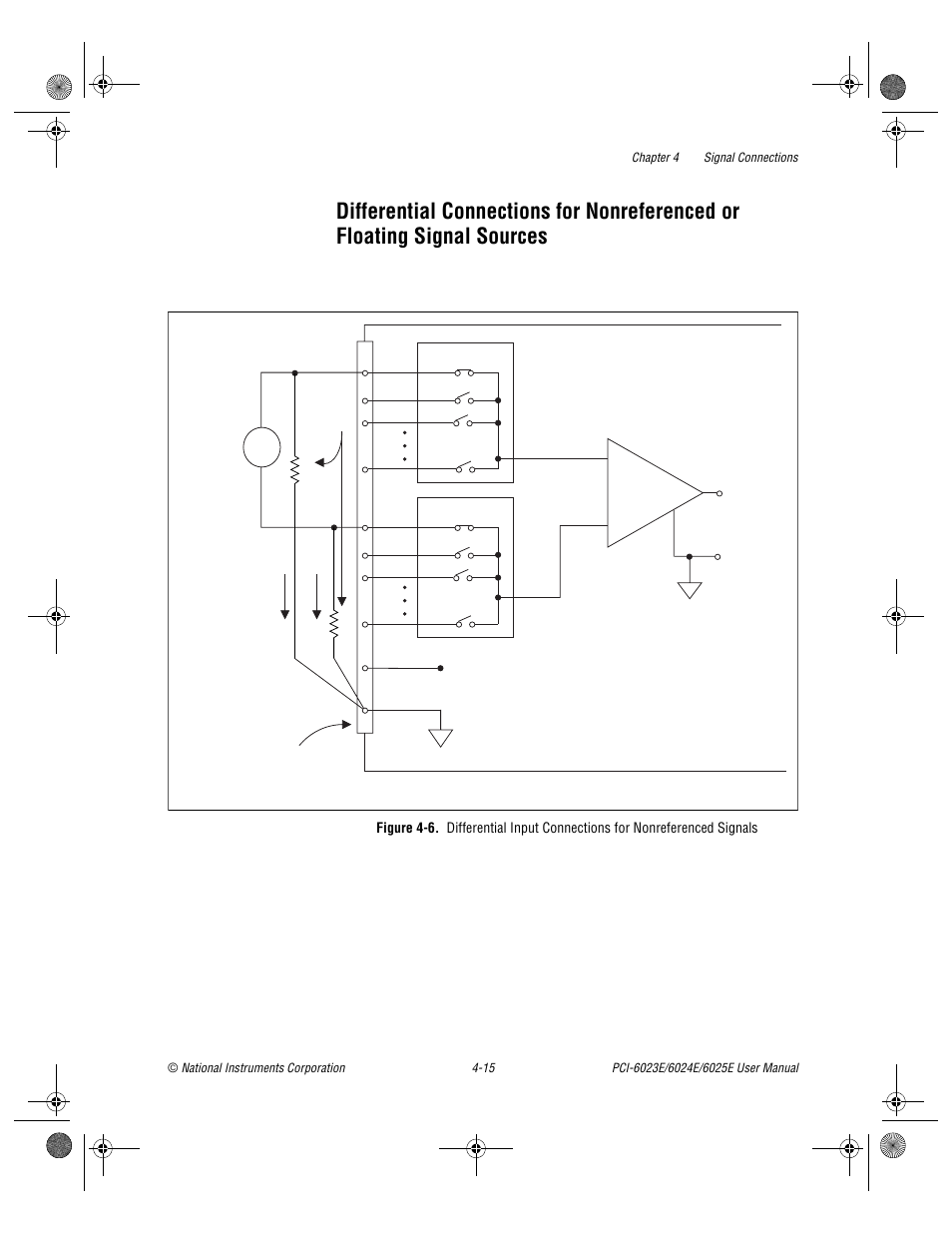 Differential connections for nonreferenced or, Floating signal sources -15, Figure 4-6 | Floating signal sources | National Instruments PCI-6023E User Manual | Page 44 / 132