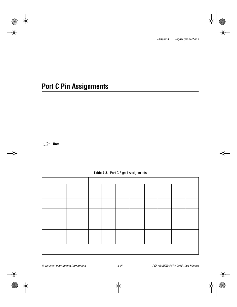 Port c pin assignments, Table 4-3. port c signal assignments, Port c pin assignments -23 | Table 4-3, Port c signal assignments -23 | National Instruments PCI-6023E User Manual | Page 52 / 132
