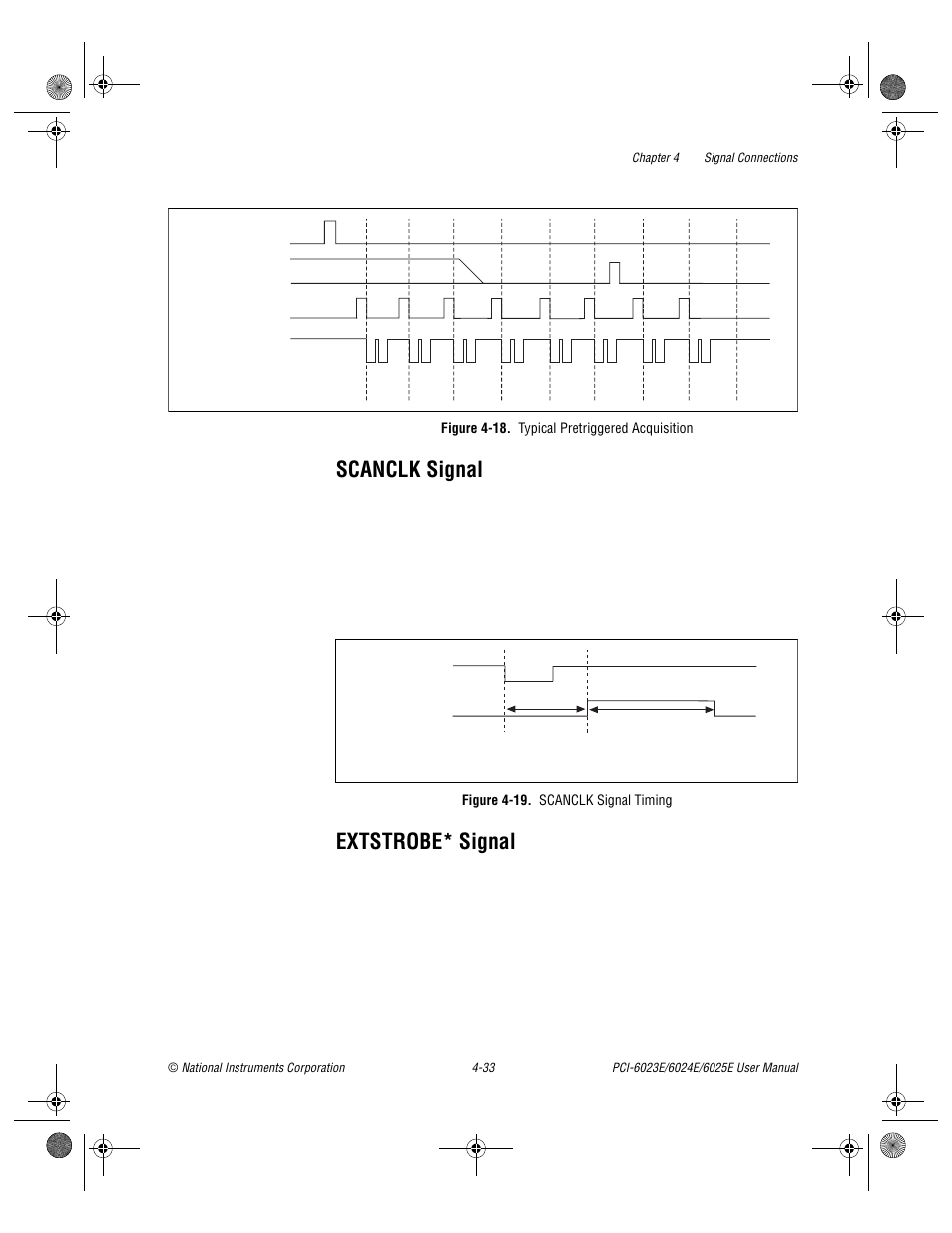 Scanclk signal, Extstrobe* signal, Figure 4-18. typical pretriggered acquisition | Figure 4-19. scanclk signal timing, Scanclk signal -33 extstrobe* signal -33, Figure 4-18, Typical pretriggered acquisition -33, Figure 4-19, Scanclk signal timing -33, Shows the timing for the scanclk signal | National Instruments PCI-6023E User Manual | Page 62 / 132