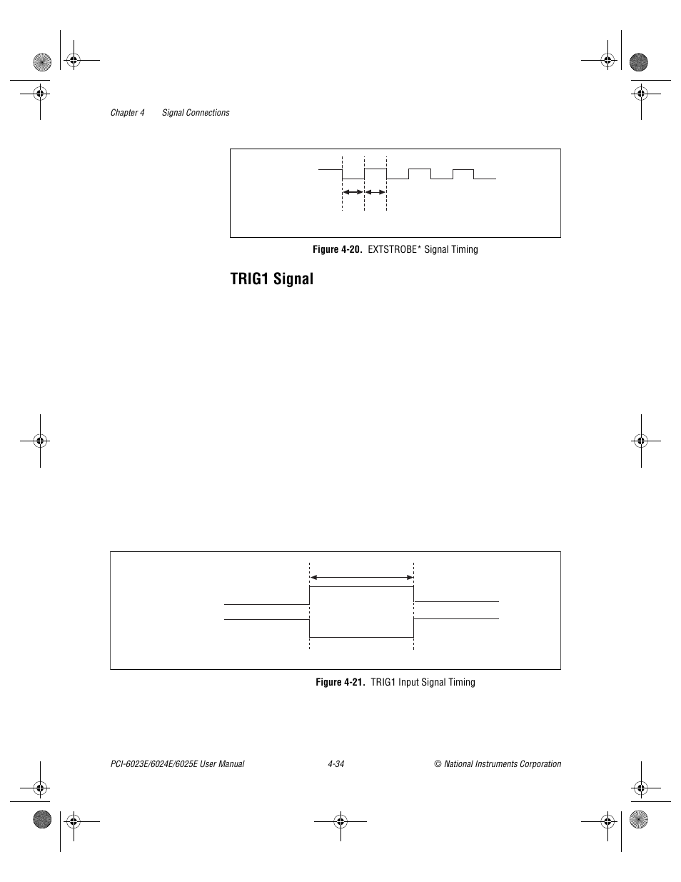 Trig1 signal, Figure 4-20. extstrobe* signal timing, Figure 4-21. trig1 input signal timing | Trig1 signal -34, Figure 4-20, Extstrobe* signal timing -34, Figure 4-21, Trig1 input signal timing -34 | National Instruments PCI-6023E User Manual | Page 63 / 132