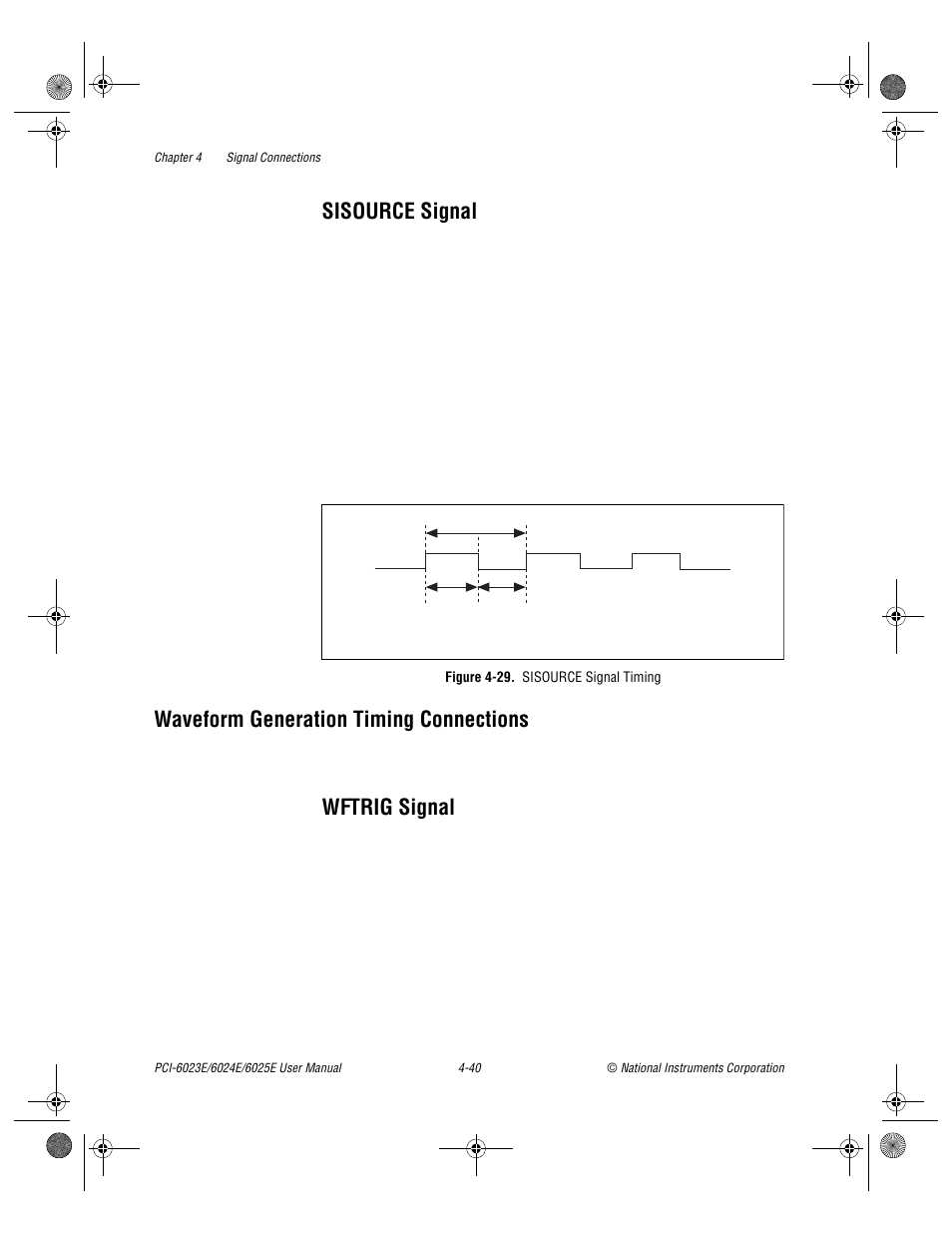 Sisource signal, Waveform generation timing connections, Wftrig signal | Figure 4-29. sisource signal timing, Sisource signal -40, Waveform generation timing connections -40, Wftrig signal -40, Figure 4-29, Sisource signal timing -40 | National Instruments PCI-6023E User Manual | Page 69 / 132