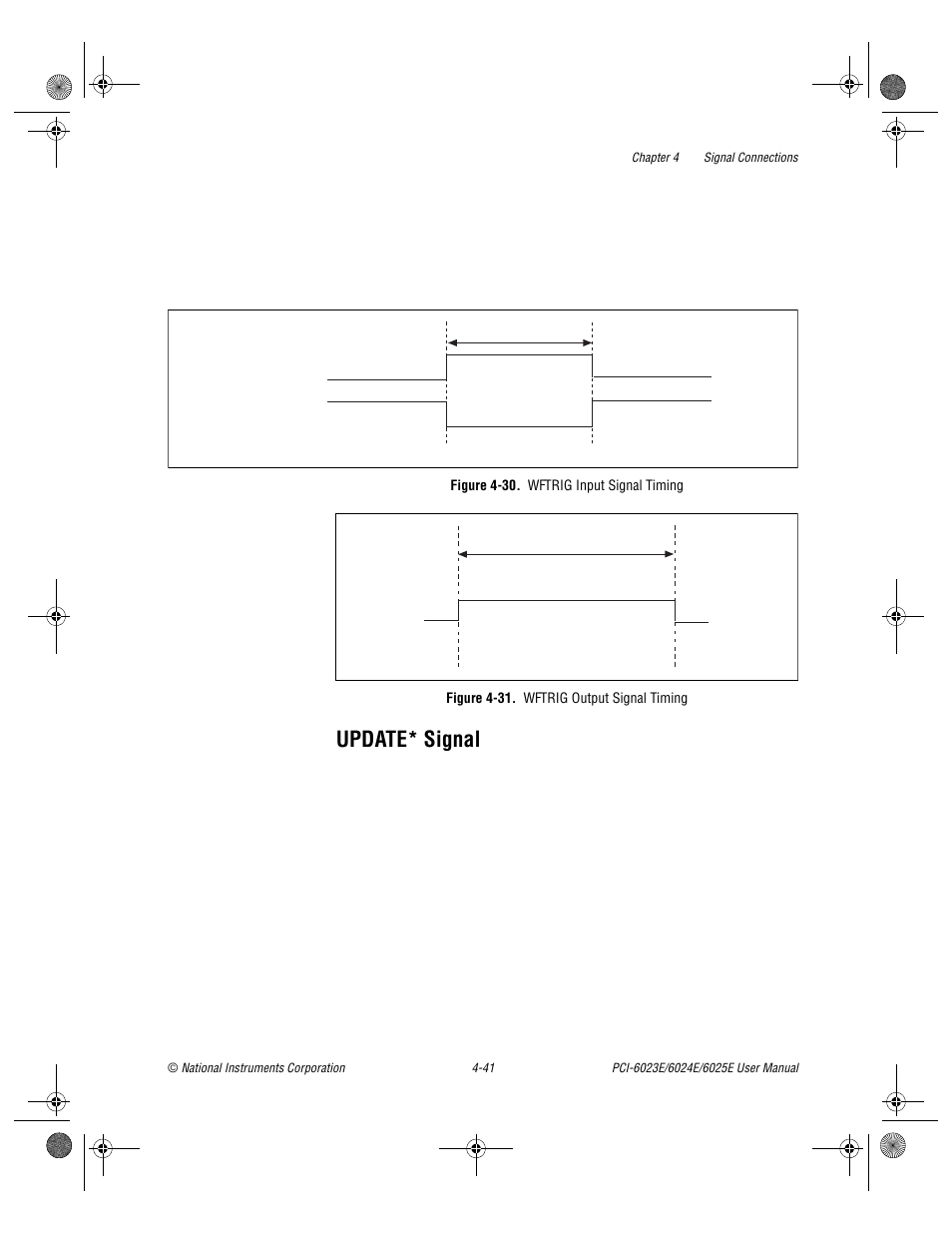 Update* signal, Figure 4-30. wftrig input signal timing, Figure 4-31. wftrig output signal timing | Update* signal -41, Figure 4-30, Wftrig input signal timing -41, Figure 4-31, Wftrig output signal timing -41 | National Instruments PCI-6023E User Manual | Page 70 / 132
