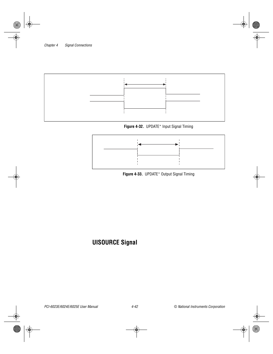 Uisource signal, Figure 4-32. update* input signal timing, Figure 4-33. update* output signal timing | Uisource signal -42, Figure 4-32, Update* input signal timing -42, Figure 4-33, Update* output signal timing -42 | National Instruments PCI-6023E User Manual | Page 71 / 132